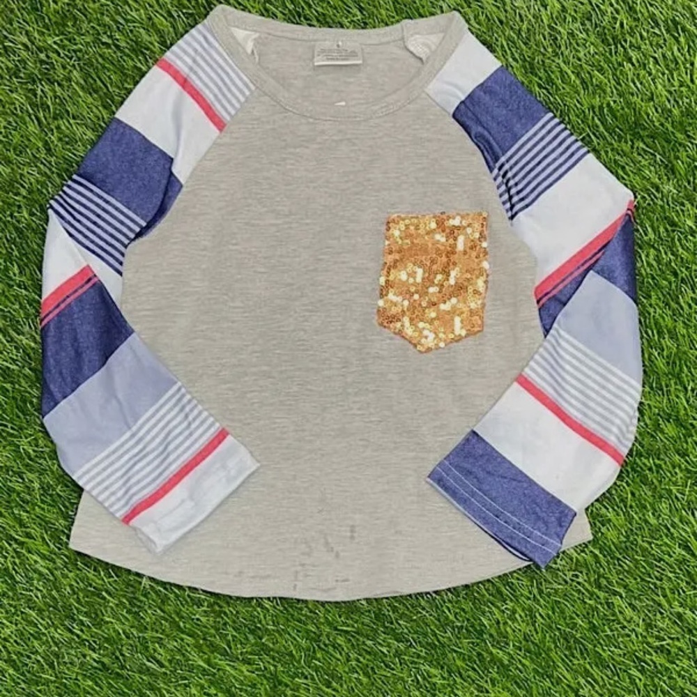 Gray Blue Red White Baseball Long Sleeve Shirt Rose Gold Sequin Pocket - Picture 2 of 3